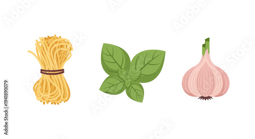 Pasta ingredients: spaghetti, basil, garlic on white background