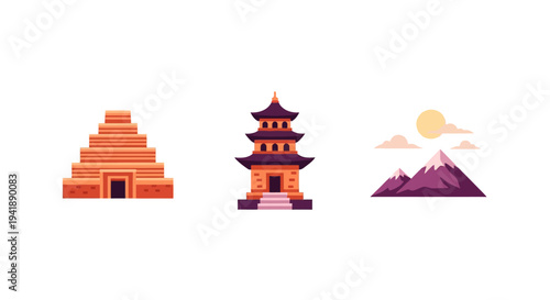 Minimalist ancient architecture and mountain scenery in flat design