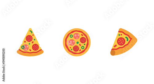 Colorful pizza slices in different shapes on a clean white background