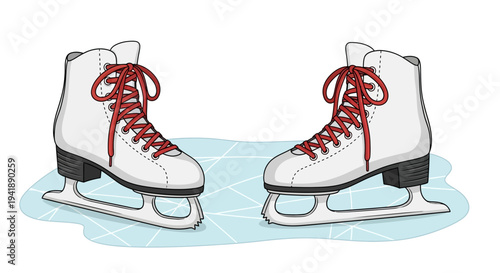Ice skates on frozen pond with red laces: winter sports equipment on ice rink