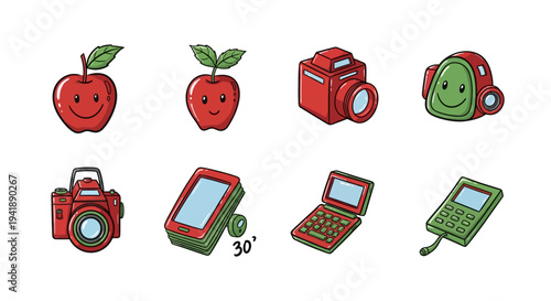 Playful cartoon icons with cheerful apples and retro gadgets