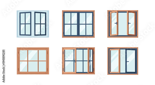 Modern flat design window collection with different styles and frames