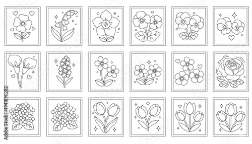 Floral Coloring Pages Collection. Botanical Line Art for Kids, Adults, Craft Projects, Educational Materials, and Creative Design.