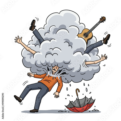 Man falling through cloud with guitar, arms and legs flailing, broken umbrella below