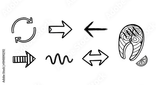 Hand drawn arrows and fish steak doodle with lemon slice