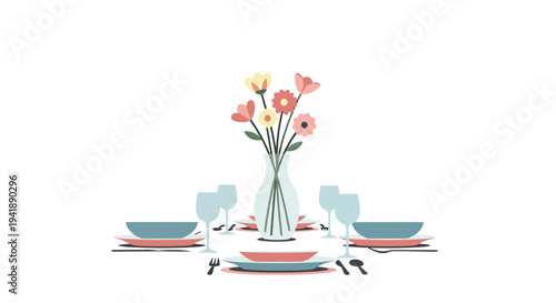 Minimalist floral table setting with pastel colors and elegant dinnerware