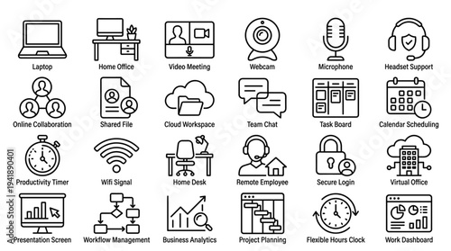 Set of  business icons vector, line style, black and white