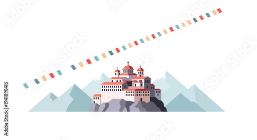 Monastery on mountain summit with geometric colorful flags and minimalist style