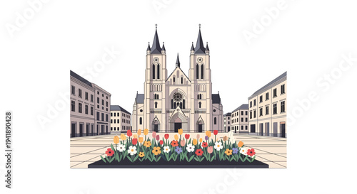 Historic cathedral and flower garden in scenic urban landscape