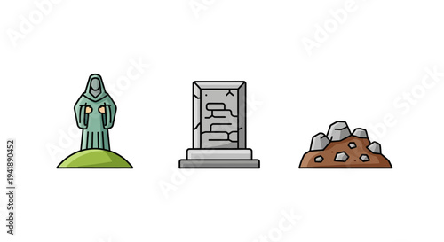 Gravestone and statue icons set with tombstone, monument, and earth
