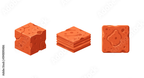 Isometric cartoon red cheese blocks and slices with texture detail