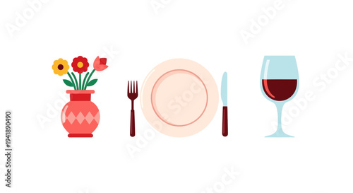 Elegant dining arrangement with flowers, cutlery, and wine glass