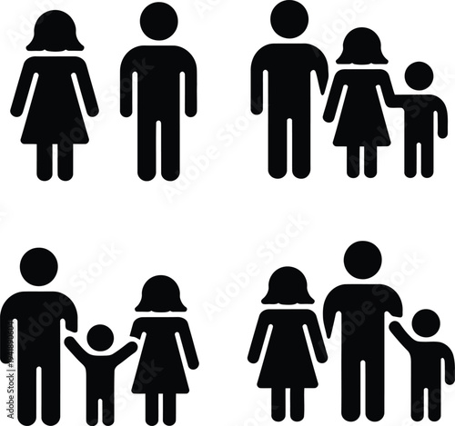 Various family structures represented through simple black icons on a white background.