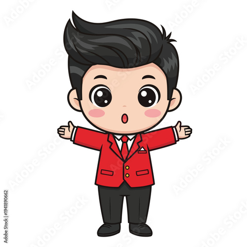 Chibi style illustration of a surprised boy in a red suit with arms outstretched