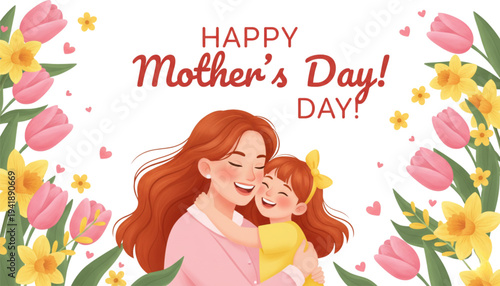 Happy Mother's Day Celebration with Loving Mom and Daughter Hugging in Spring Flowers Illustration