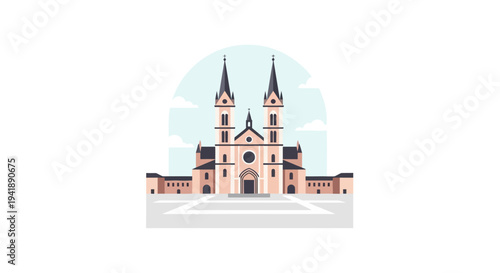Elegant flat design of a historic cathedral with twin spires