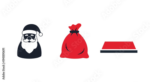 Minimalist santa claus icon set with gift bag and sleigh in red and black