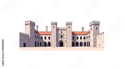 Historic medieval castle illustration with stone towers and arches in flat design