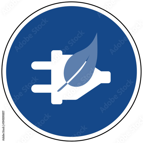 Vektor Illustration eines blauen runden Schildes mit Stecker und Blatt als Symbol für Ökostrom Erneuerbare Energien und Nachhaltigkeit
