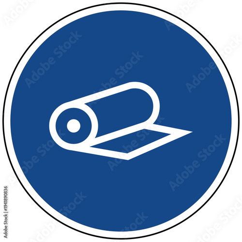 Vektor Icon eines blauen runden Schildes mit einer Papierrolle oder Stoffrolle als Symbol für Textilindustrie Druckerei und Fertigung