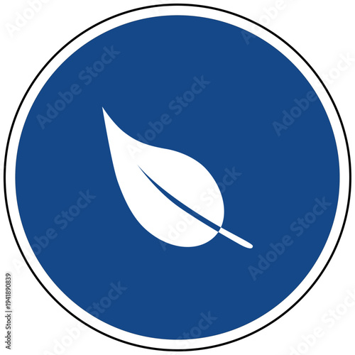 Vektor Grafik eines blauen runden Schildes mit einem weißen Blatt als Symbol für Natur Umweltschutz Nachhaltigkeit und Bio