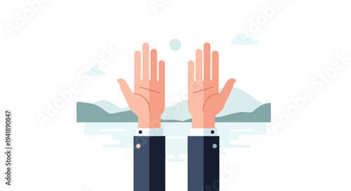 Raised hands over scenic mountain landscape in modern flat style