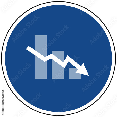Vektor Illustration eines blauen runden Schildes mit fallendem Börsenkurs Balkendiagramm und Pfeil nach unten als Symbol für Rezession und Verlust