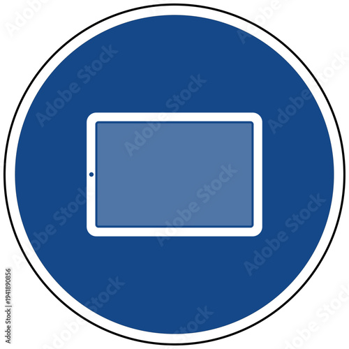 Vektor Illustration eines blauen runden Schildes mit einem Tablet oder Bildschirm als Symbol für Digitalisierung Technik und Hardware