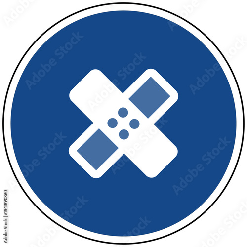 Vektor Grafik eines blauen runden Schildes mit einem Pflaster Kreuz als Symbol für Erste Hilfe Medizin Heilung und Gesundheit