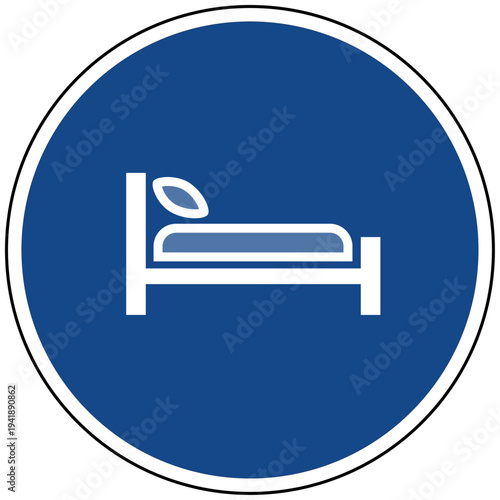 Vektor Icon eines blauen runden Schildes mit einem Bett Symbol für Hotel Unterkunft Schlafen Erholung und Gastgewerbe