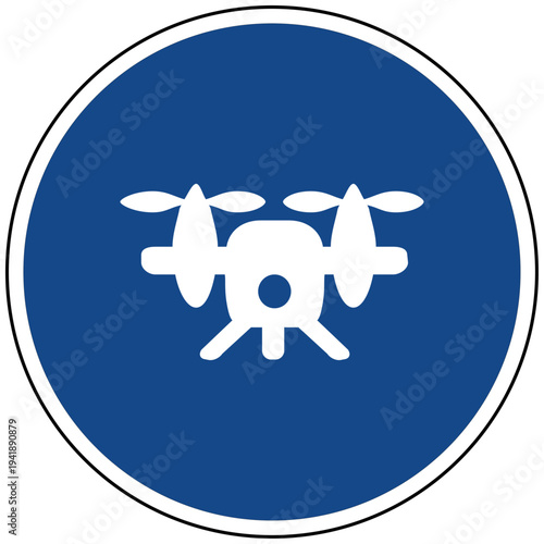 Vektor Icon eines blauen runden Schildes mit einer Drohne als Symbol für Luftaufnahme Technik Lieferung und Überwachung