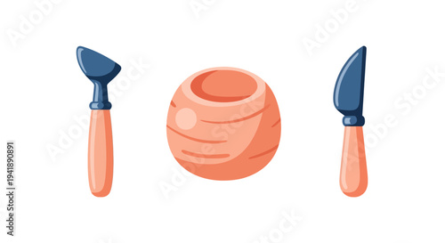 Clay sculpting tools and pottery vase in flat design