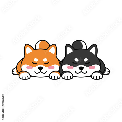 Two cute kawaii shiba inu puppies sleeping peacefully, peeking over an edge