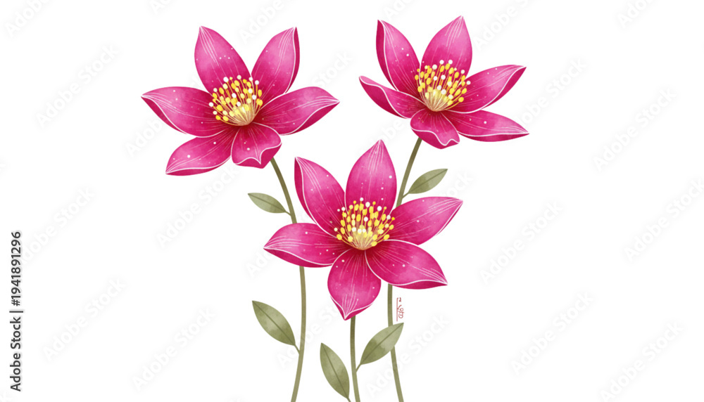Fototapeta premium Three Vibrant Pink Flowers Watercolor Illustration. Fresh Spring Summer Floral Design Element for Cards and Web