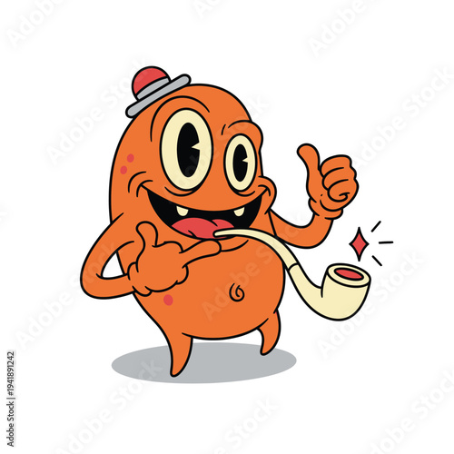 Cheerful orange monster character smoking a pipe and giving a thumbs up, wearing a hat