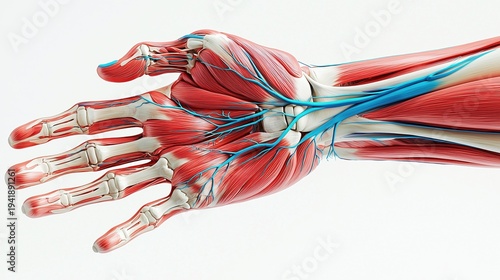 Illustration of hand and wrist anatomy for occupational therapy, cross-section showing flexor tendons, carpal bones, median nerve, and intrinsic muscles with clean blue medical color coding.