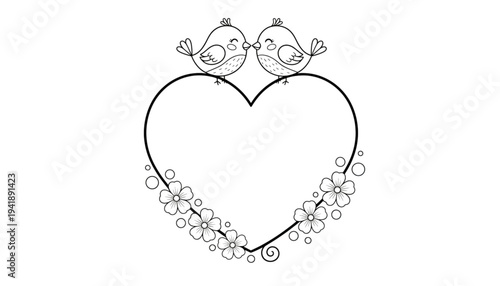 Cute Love Birds Kissing on Floral Heart Frame Outline for Romantic Wedding Invitation and Valentines Day