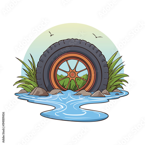 Tire wheel immersed in water cartoon illustration