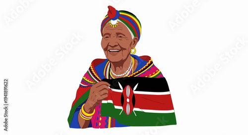 Smiling Kenyan woman in traditional dress holding national flag. Elder Kenyan woman wearing vibrant beaded jewelry and headpiece, proudly displaying Kenya flag colors.