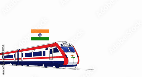 Modern Indian train graphic with national flag on bright white background, showcasing sleek design and vibrant red, white, blue colors. This Indian train represents speed, progress, national identity.
