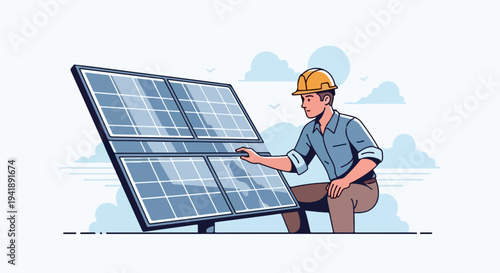 Engineer inspecting solar panel installation with blue reflective cells. Experienced worker maintains efficient solar panel installation for sustainable power generation.