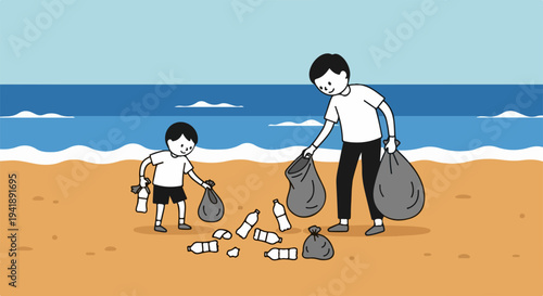 People participating in beach cleanup, collecting plastic waste and trash from sandy shore. Adult and child volunteers engaged in beach cleanup efforts, promoting environmental awareness.