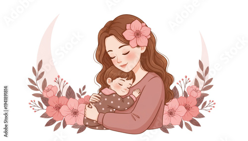 Gentle Mother Holding Sleeping Baby with Floral Accents for Mother's Day and Family Wellness Campaigns