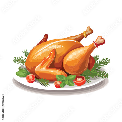 Roasted turkey on a plate with herbs and tomatoes