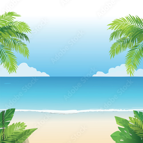 Tropical beach scene with ocean waves and palm tree leaves