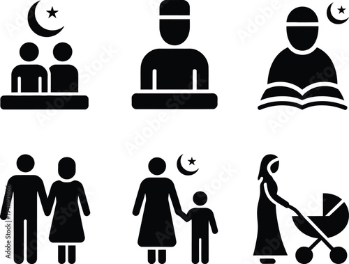 Illustrations representing various stages of family life and religious practices during ramadan.