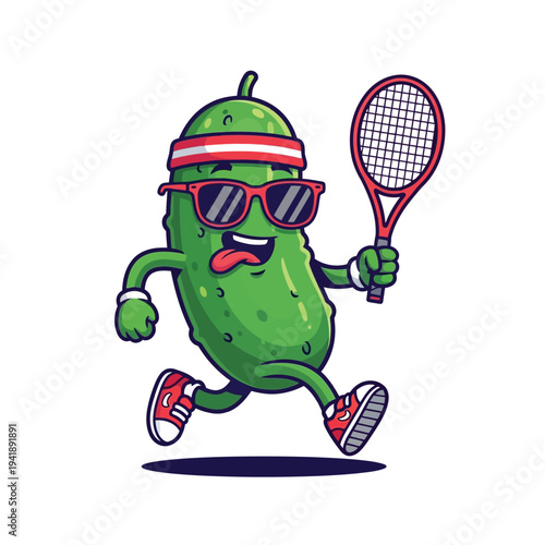 Funny pickle character with sunglasses and headband playing tennis cartoon