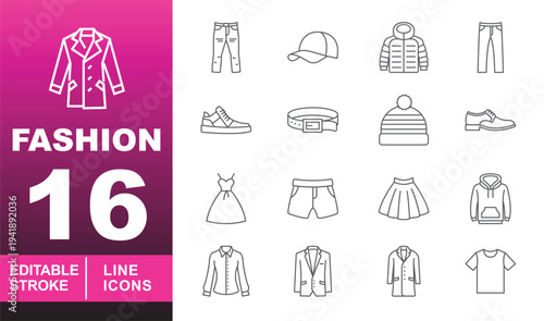 Fashion and Clothing Apparel Icons. Editable stroke icons for garment and style. Featuring jeans, caps, puffer jackets, sneakers, belts, beanies, dresses, skirts, hoodies, and blazers for app UI desig