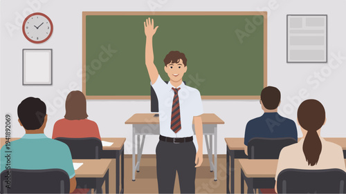 A vector illustration of a teacher standing in front of a classroom with students seated at their desks.