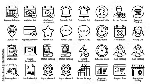 Set of business icons vector, line style, black and white